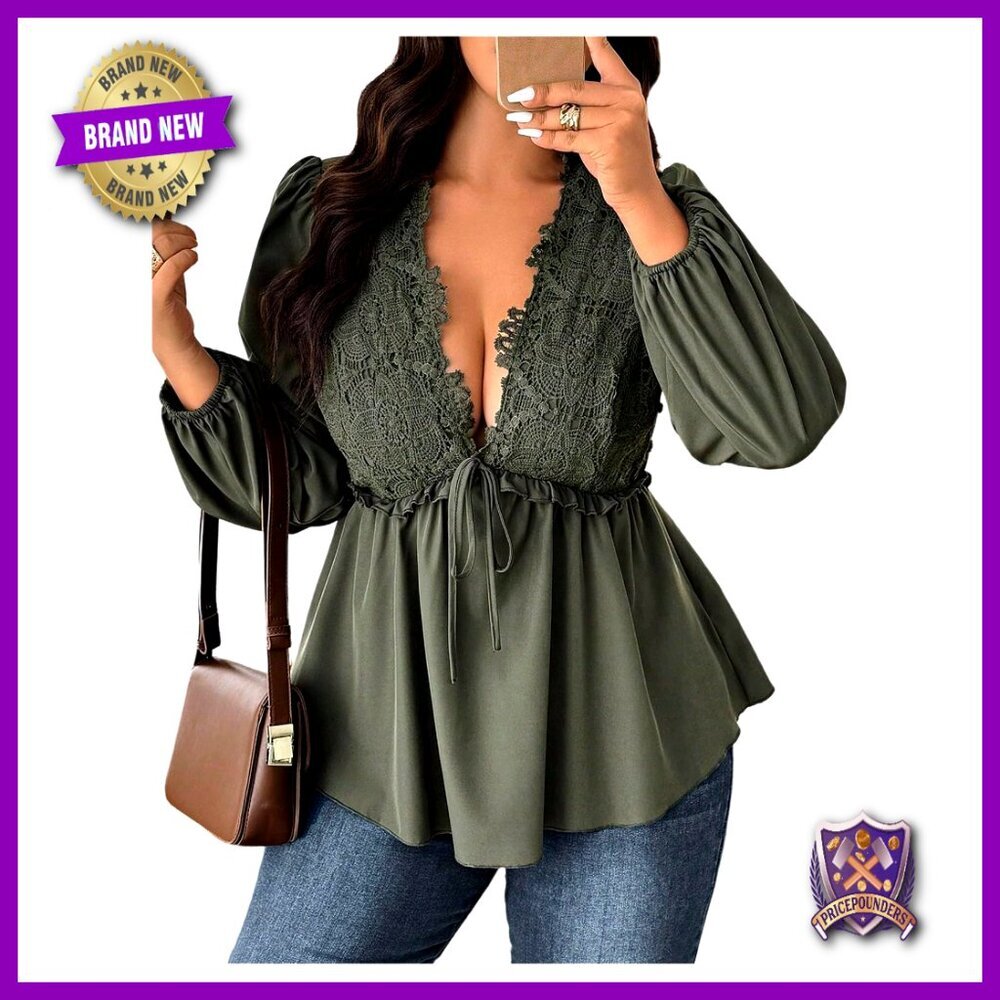 Plus Size Lace Blouse Deep V Neck Long Sleeve Peplum Ruffle Hem Tops - Picture 1 of 5